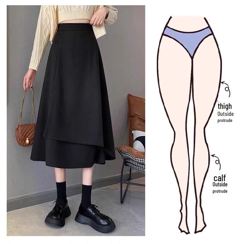 Women's Black A-Line Spring Skirt: High-Waist, Irregular Hem, Large Size with Hip-Covering Umbrella Design