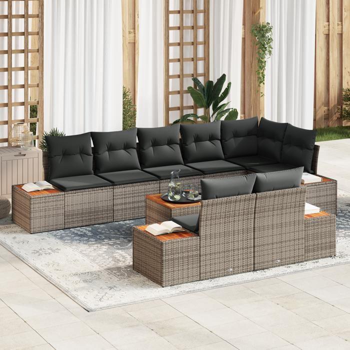 VidaXL Ensemble de Canapés de Jardin 9 pièces avec Coussins Gris Poly Rattan Acacia 3348115