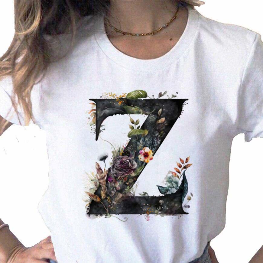 New Women T Shirt Custom Name Letter Combination Print Tshirt Flower Letter Font A B C D E F G Short Sleeve Female Tees Tops