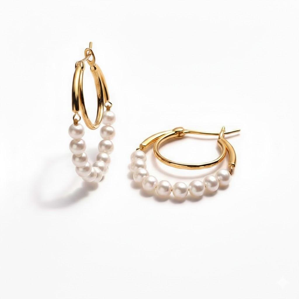 Kolczyki z naturalnych pereł słodkowodnych - Podwójny okrągły nausznica ze złota 14K, Modna minimalistyczna biżuteria dla kobiet