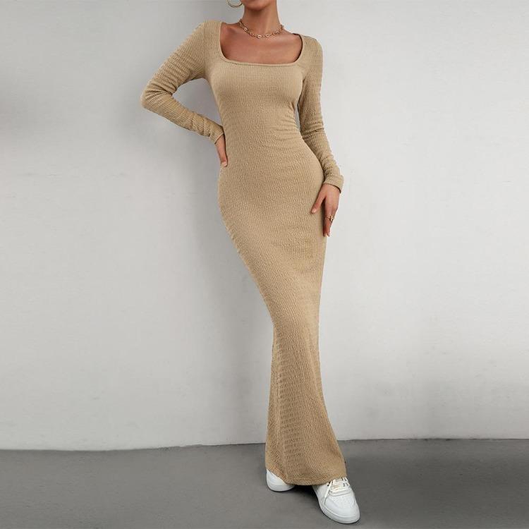 Rochie Tricotată Toamnă Femei Culoare Solidă Croială Slim Fit Mânecă Lungă Gât Pătrat