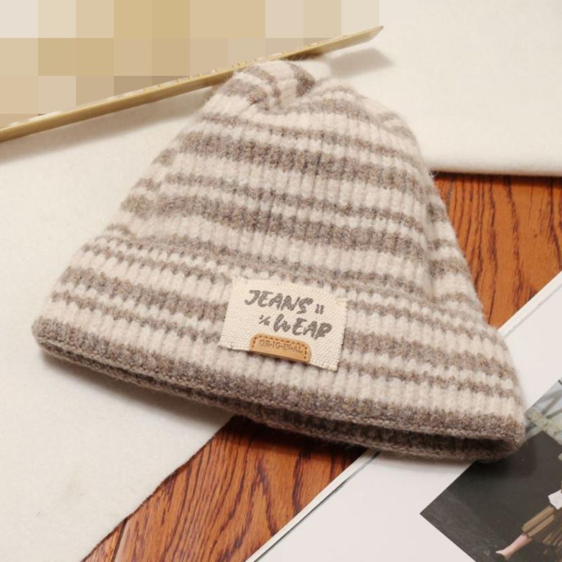 Large Head Circumference Knitted Hat Striped Color Matching Versatile Autumn and Winter Warm Fashion Label Small Woolen Hat Showing Face