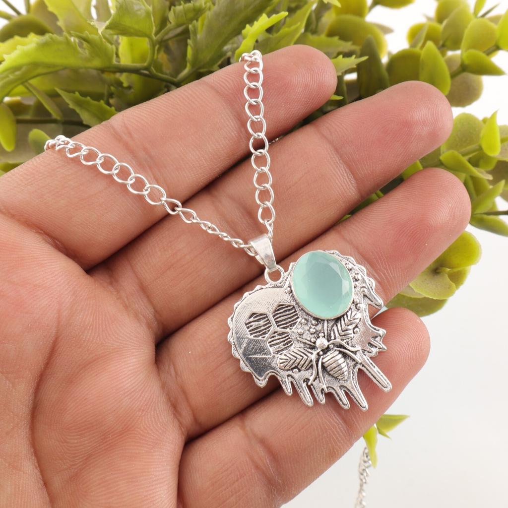Aqua Chalcedony Gemstone 925 Sterling Silver Jewelry Pendant 1.49" Birthday Gift CP-28-21