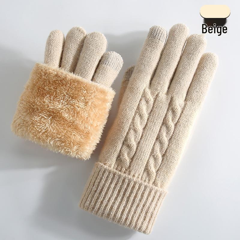 Women's Winter Knitted Touchscreen Gloves - Double-Layer Fleece-Lined, Thick Warm for Outdoor Cycling