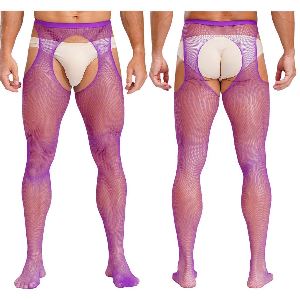 Mens Mid Waist Hollow Out Cutout Opening Crotch Tights Stockings Leggings Elastic Waistband Pantyhose