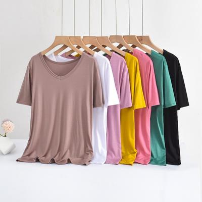 Camiseta Modal Plus Size Solta com Decote V e Manga Curta em Cores Sólidas para Uso Casual e Sobreposição