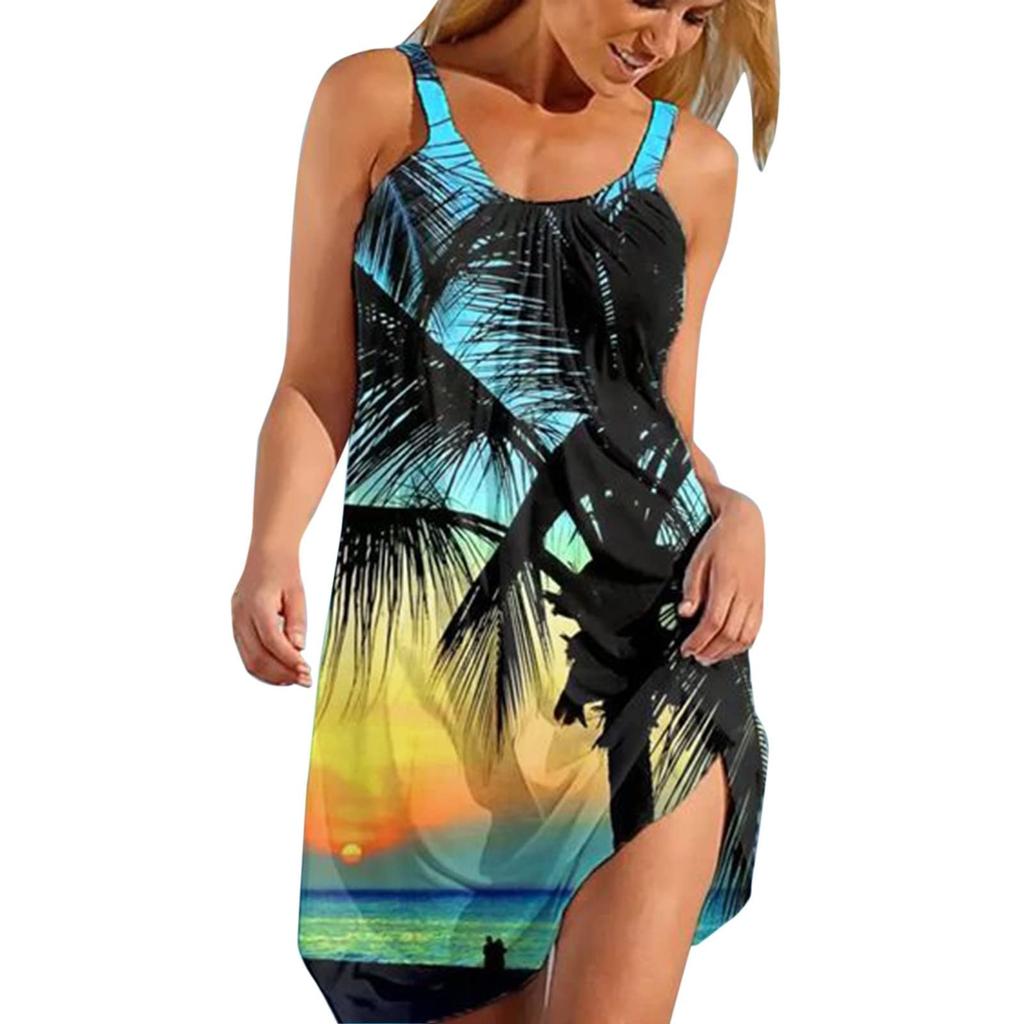 Ladies Boho Summer Dress Sexy Sleeveless  Print Hawaiian Casual Loose Comfortable  Sundress
