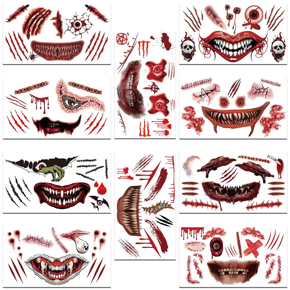 

10 листов ужасных наклеек для татуировок на шрамы на Хэллоуин для лица, рук, тела, временные креативные наклейки для татуировок, праздничные принадлежности для вечеринок