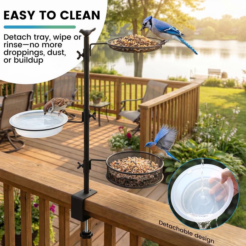 2/3 Layer Deck Bird Feeder Stand Hanging Bird Bath with Adjustable Clamp Fence Mounted Bird Feeder for Outdoor Garden Decoration