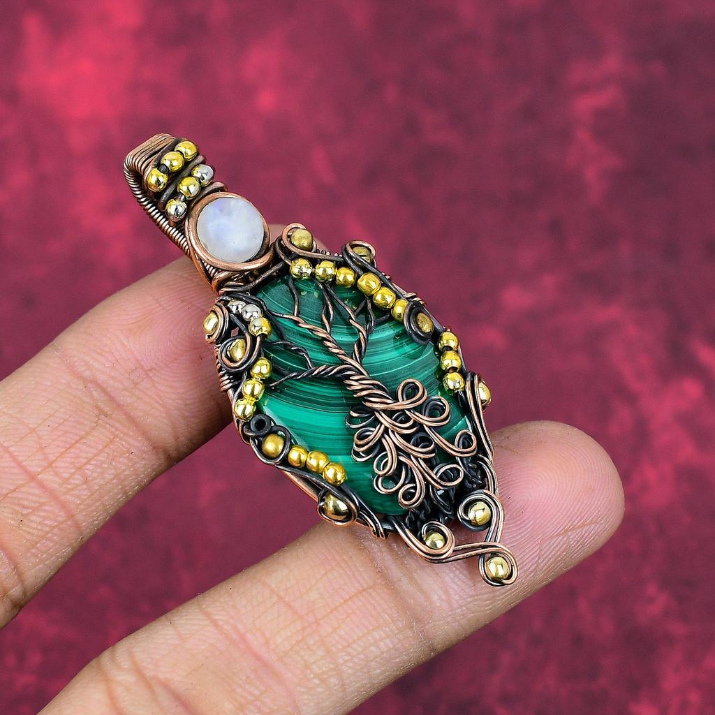 Tree of life malachite pendant copper wire wrapped pendant rainbow moonstone pendant gemstone copper jewelry handmade pendant gifts for wife