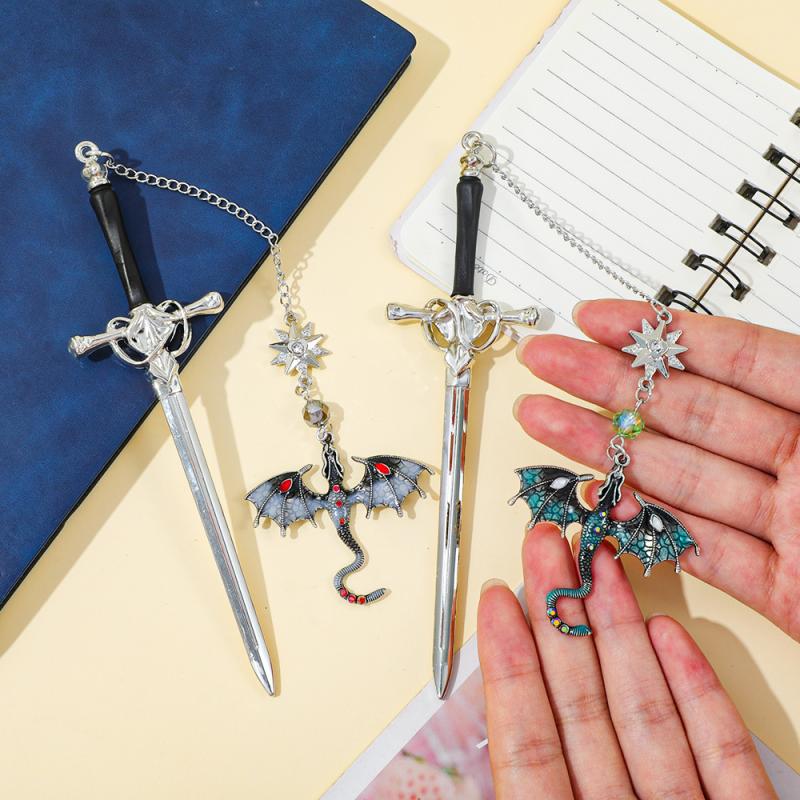 Sword-Shaped Weapon Model Metal Bookmark With Double-Winged Dragon Pendant Book Lovers Reading Accessories Birthday Gift