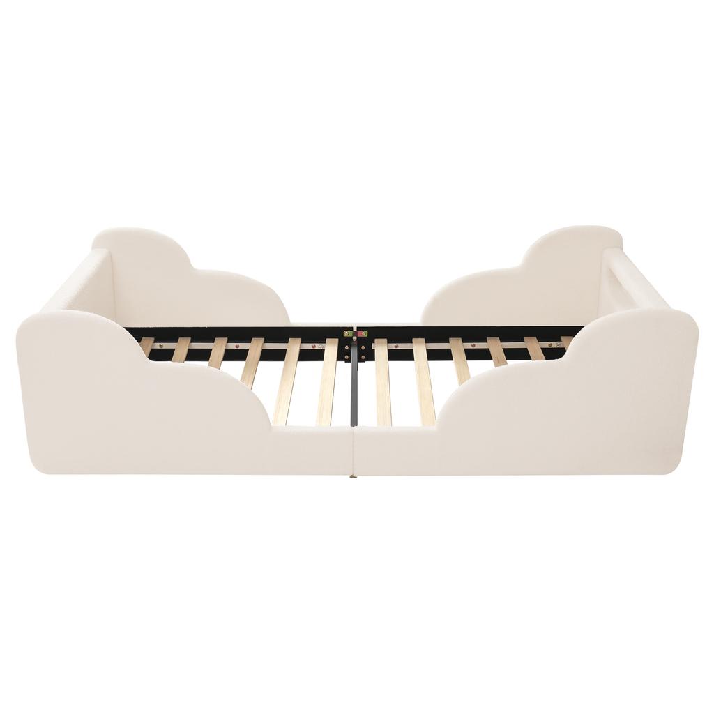 Children's Bed 90 X 200cm, Upholstered Bed, with Safety Rail, Night Light, USB Charging Port and Storage Compartments, Solid Wood Legs, Beige Bouclé