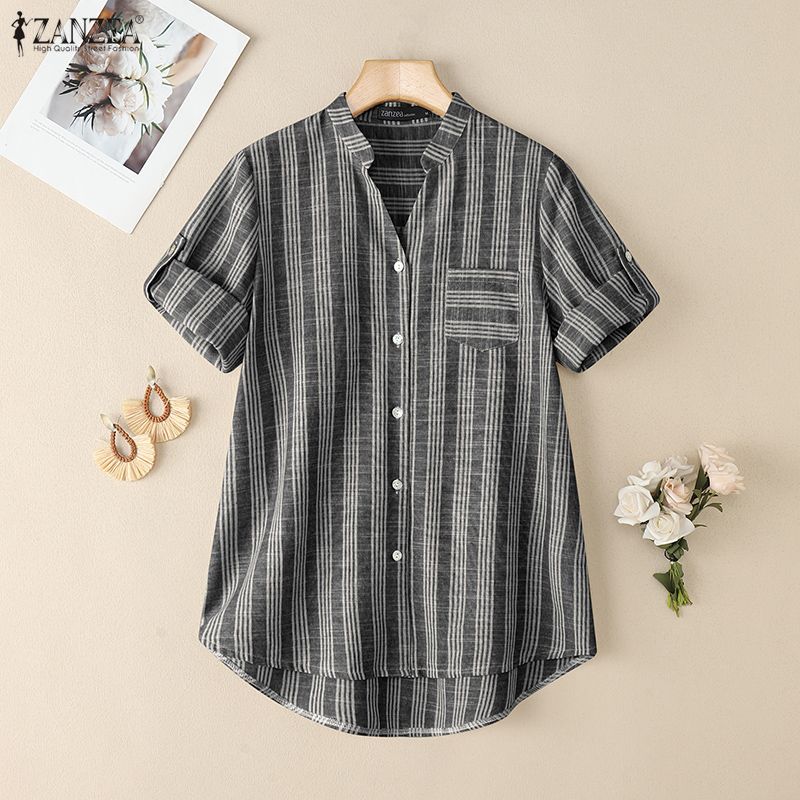 ZANZEA Women Casual V-Neck Summer Short Sleeve Stripe Blouse
