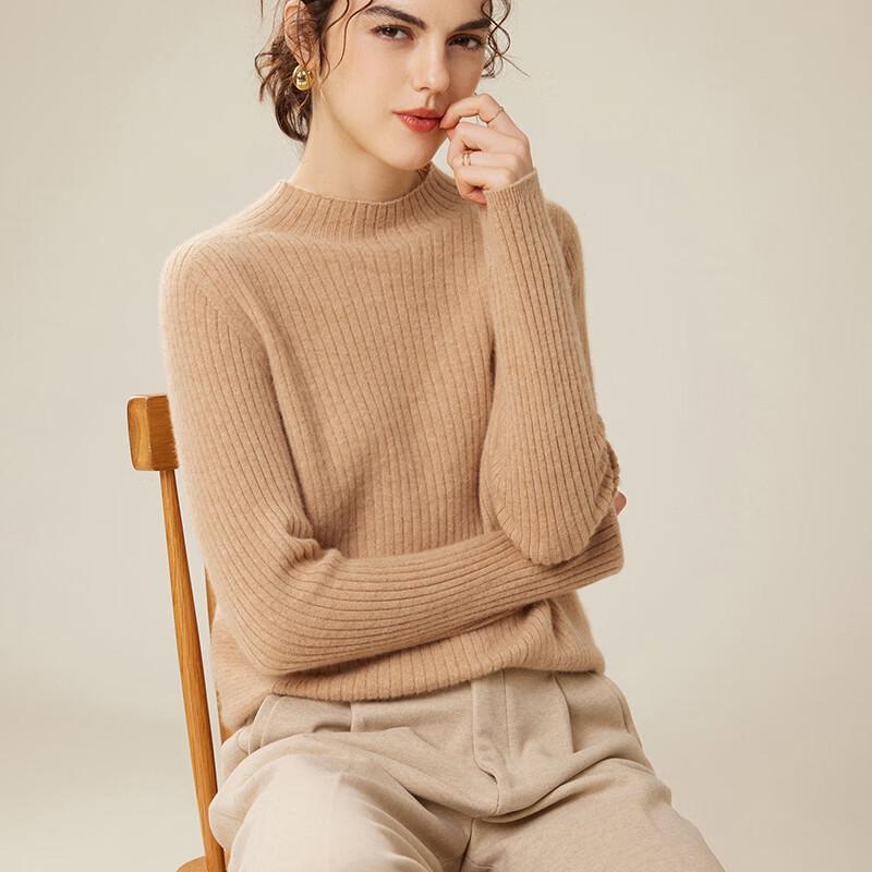 Fanzhen Women's 100% Cashmere Elegant Semi-High Collar Sweater