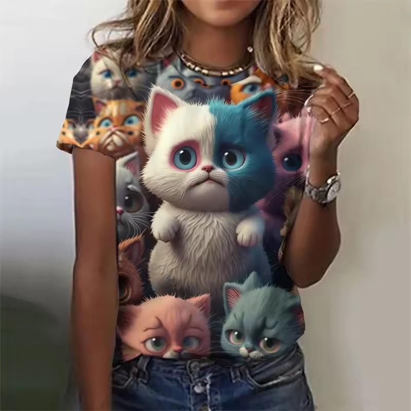 

Cat Animal 3D Print T-Shirts Summer Women Round Neck Short Sleeve T Shirt Harajuku Top Y2k Casual Oversized Tees Female Clothing S