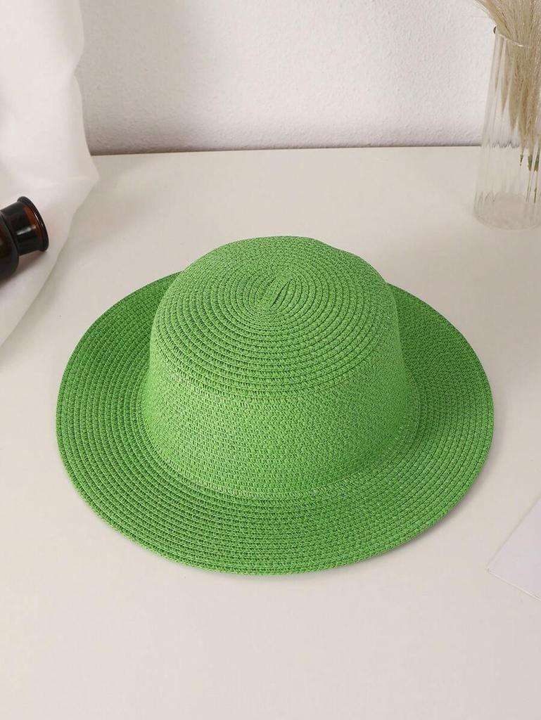 Damen Unifarbener Flacher Stroh-Sonnenhut Mit Kleinem Rand Für Den Strandurlaub