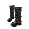 ~ Niche design feeling thick-soled western cowboy boots women's multi-belt buckle high tube stacking boots retro thick heel boots