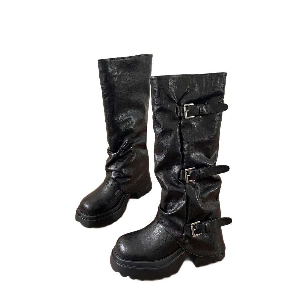 ~ Niche design feeling thick-soled western cowboy boots women's multi-belt buckle high tube stacking boots retro thick heel boots