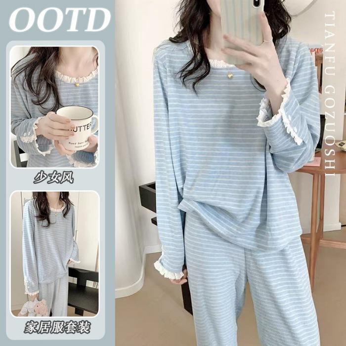 

[German velvet fabric] Lace striped pajamas women s new autumn and winter thickened women s loungewear in stock M