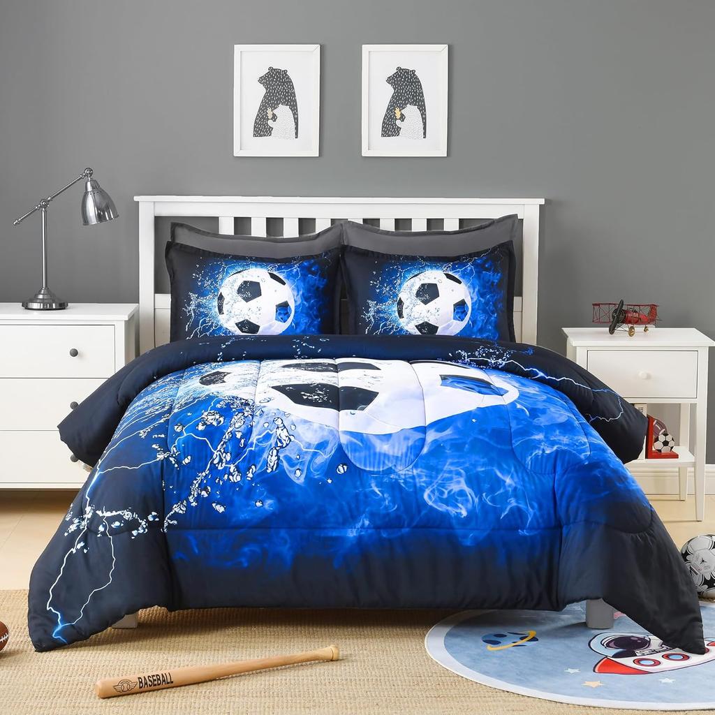 3D Soccer Bedding Set 3 Pieces(1 Soccer Duvet Cover 2 Pillowcases) Sport Microfiber Bedding Set for Boys Kids Teens