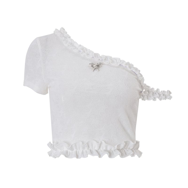 

French style Sweet and Spicy Design Sloping Shoulder Wooden Ear Short Jacket Irregular Ribbon Slim fit Slimming Skinny Pants Set Women White Tops S