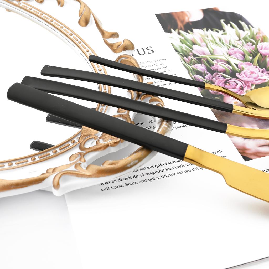 Jankng 16 sztuk czarne sztućce złote szwy zestaw obiadowy ze stali nierdzewnej kuchnia strona główna zachodnie zestaw sztućców nóż widelec łyżki zestaw zastawy stołowej