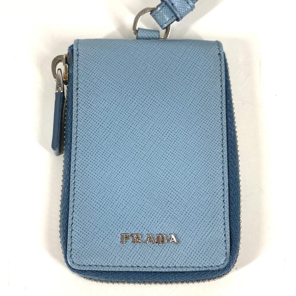 Prada With Strap Zip Around Logo 6 Keys Key Case Leather Blue