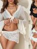 2026 European Lace Long Sleeve Ruffle Bikini Set - 4 Piece