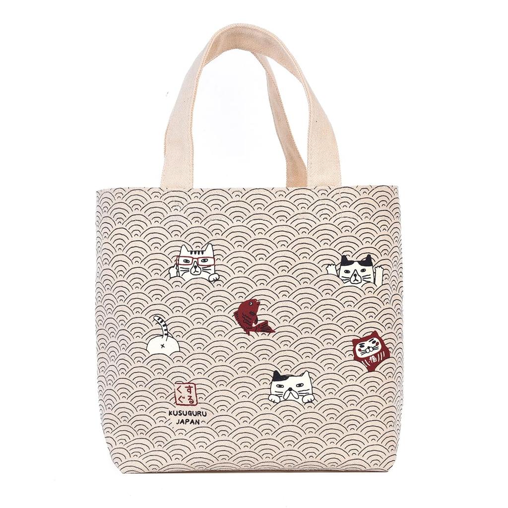Canvas Petit Tote Japanese Cat Daruma and Nekozawa IV [Kusuguru Japan] Bag, Pattern,