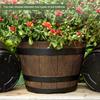 Rustic Barrel-Style Round Planter, Wood-Inspired Finish Resin Planter with Built-In Drainage System, for Outdoor Patio And Garden Spaces
