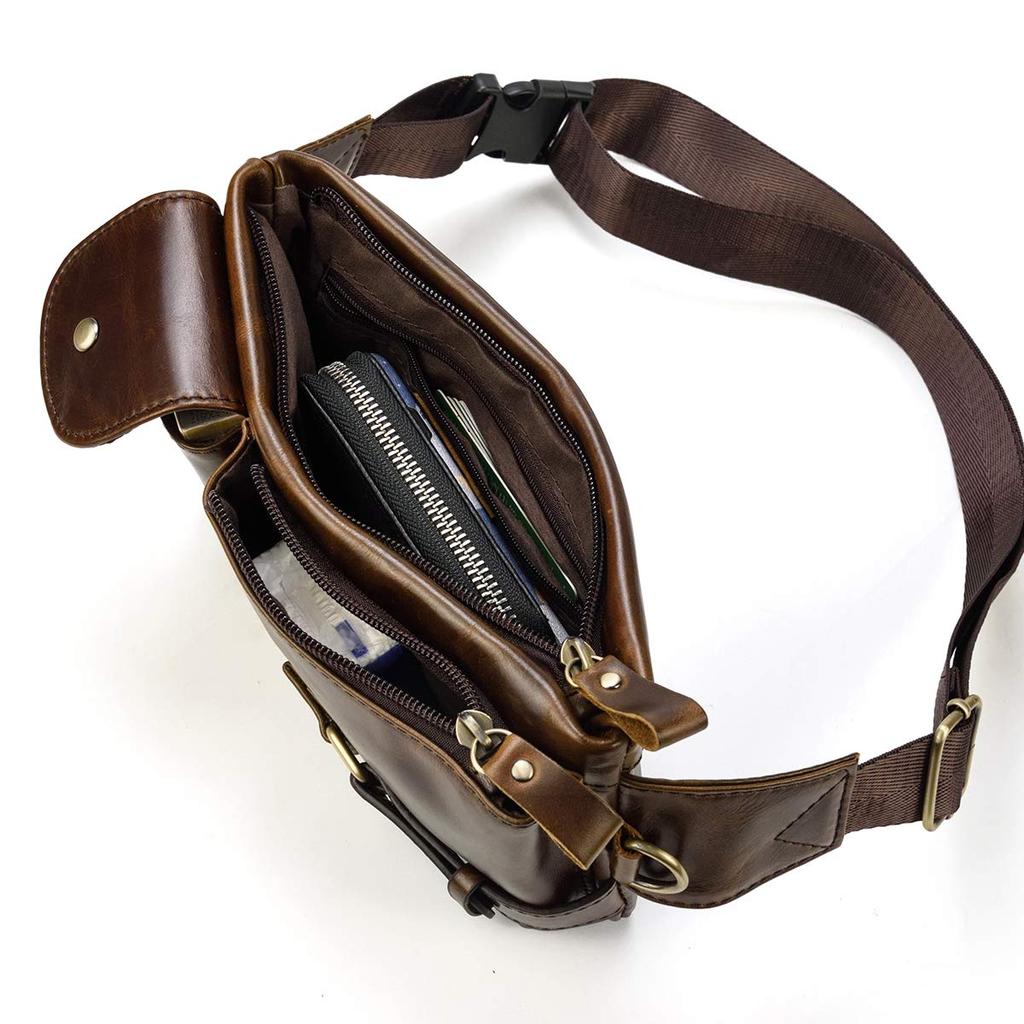Luufan Genuine Leather Waist Bag for Body Cowhide Crossbody Shoulder Leather Large Capacity Waist Smartphone Lightweight Bicycle Bag Men, 2-Way Bag,