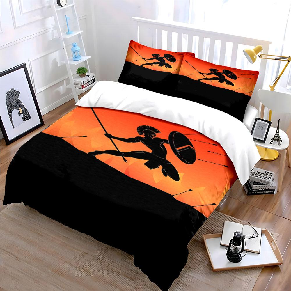 Spartan Warrior Silhouette with Shield Print Bedding Set Duvet Cover Pillowcases (1* Duvet Cover 2* Pillowcases Do Not Include Comforter)