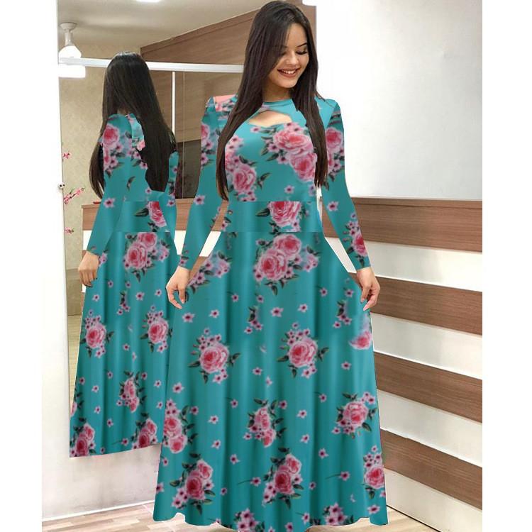 Women's Fashion Casual Bohemian Print Long-sleeved Pocket Dress Long Skirt