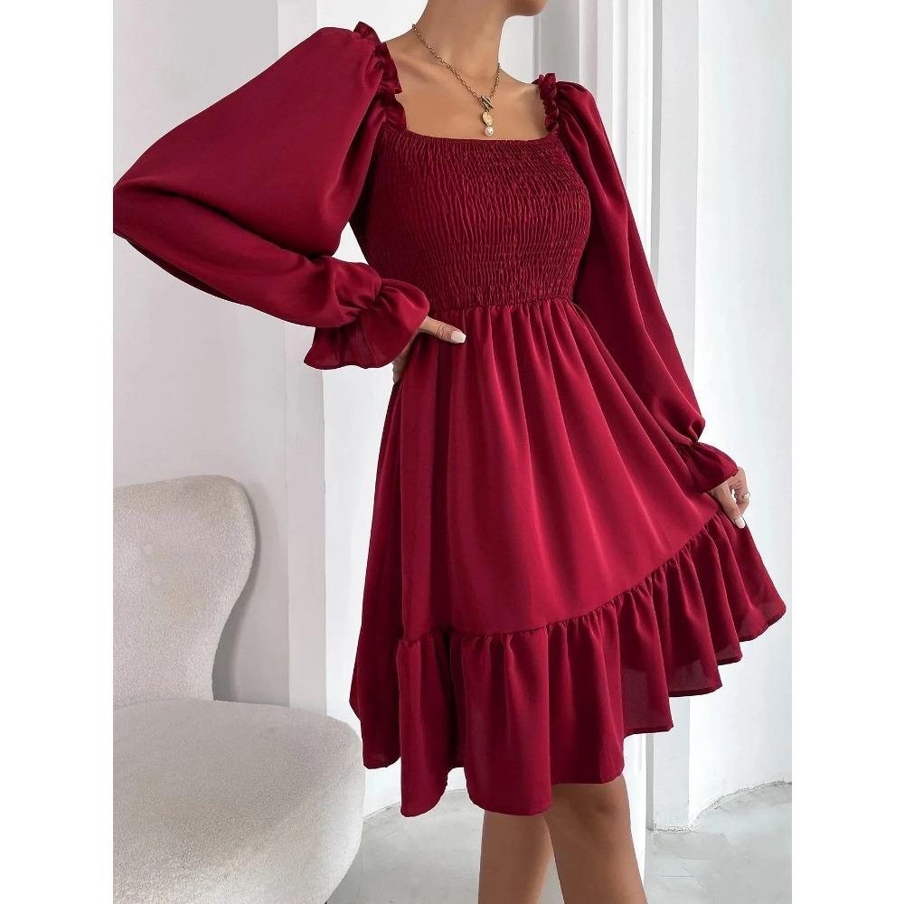 European and American French Simple Square Collar Parallel Crepe Sewing Body Ruffled Hem Dress