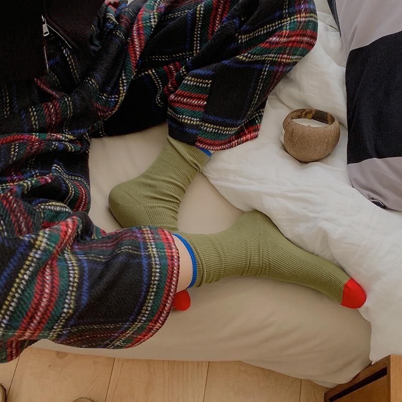 Retro Double Needle Contrast Color Mid-Tube Socks - Maillard Series