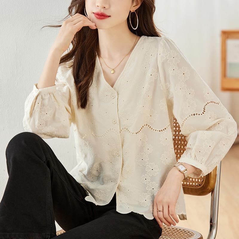 Apricot Collar Shirt for Women Long-sleeved Spring New Hollow Embroidered Cotton Top Shirt