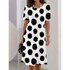 Women' Plus Size Short Sleeve -Line Dress - White & Black Polka Dot Print Full Midi Length Dress with Round Neck, Short Sleeves & Fitted Bodice