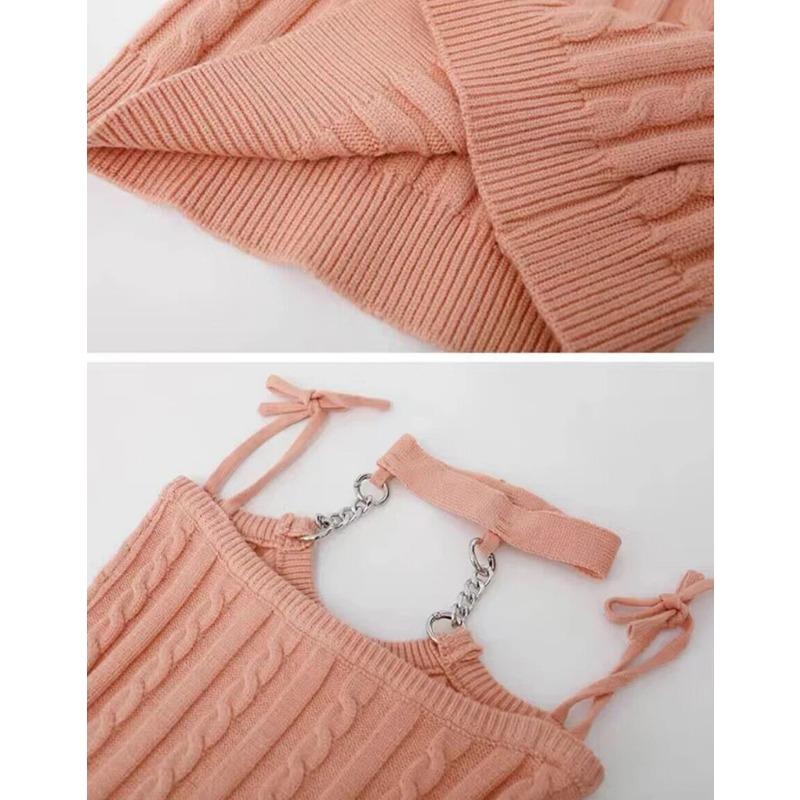 Pletené dvoudílné sady Móda Žhavá dívka Oblečení Pro ženy Kostým Crop Top růžový cardigan Dámské Mini zavinovací pletené šaty Žena