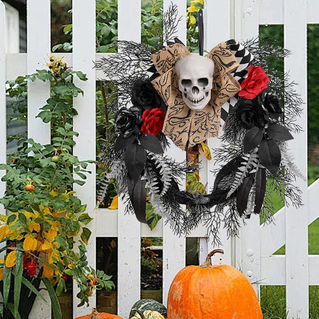 Halloween Skull Door Wreath Gothic Garland Creepy Decor Artificial Hanging Ornament for Porch