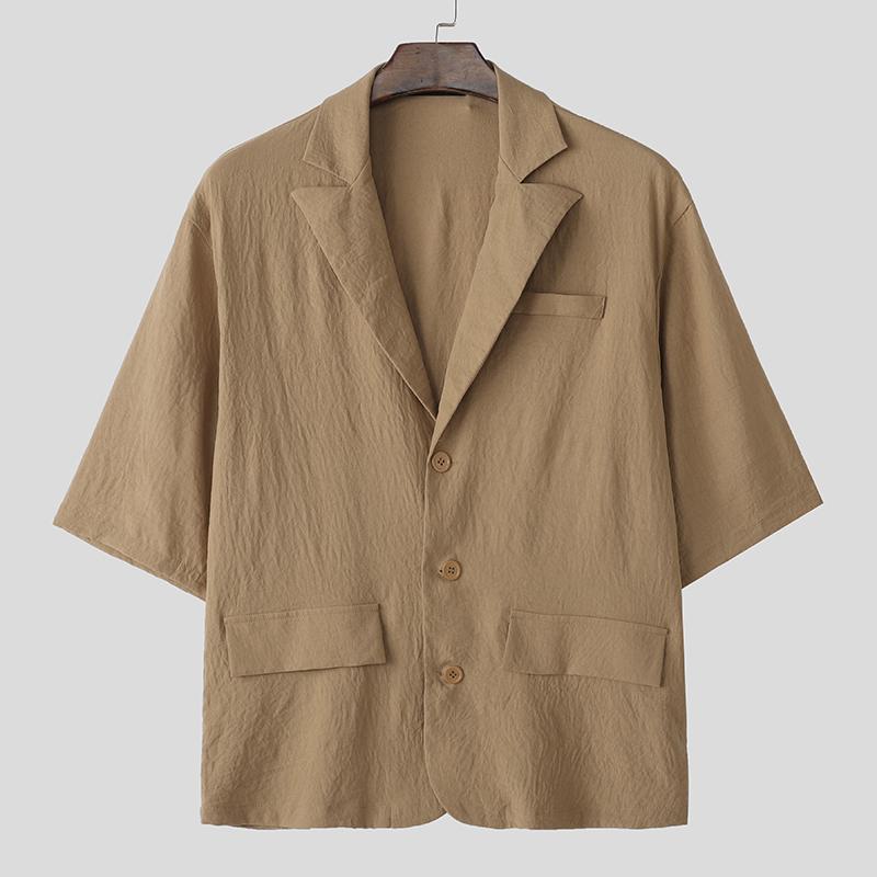 

INCERUN Oversized Men Lapel Neck Short Sleeve Buttons Up Texture Casual Summer Shirts M хаки