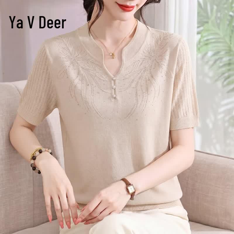 Elegant Women s V-Neck Ice Silk Knit T-Shirt XL