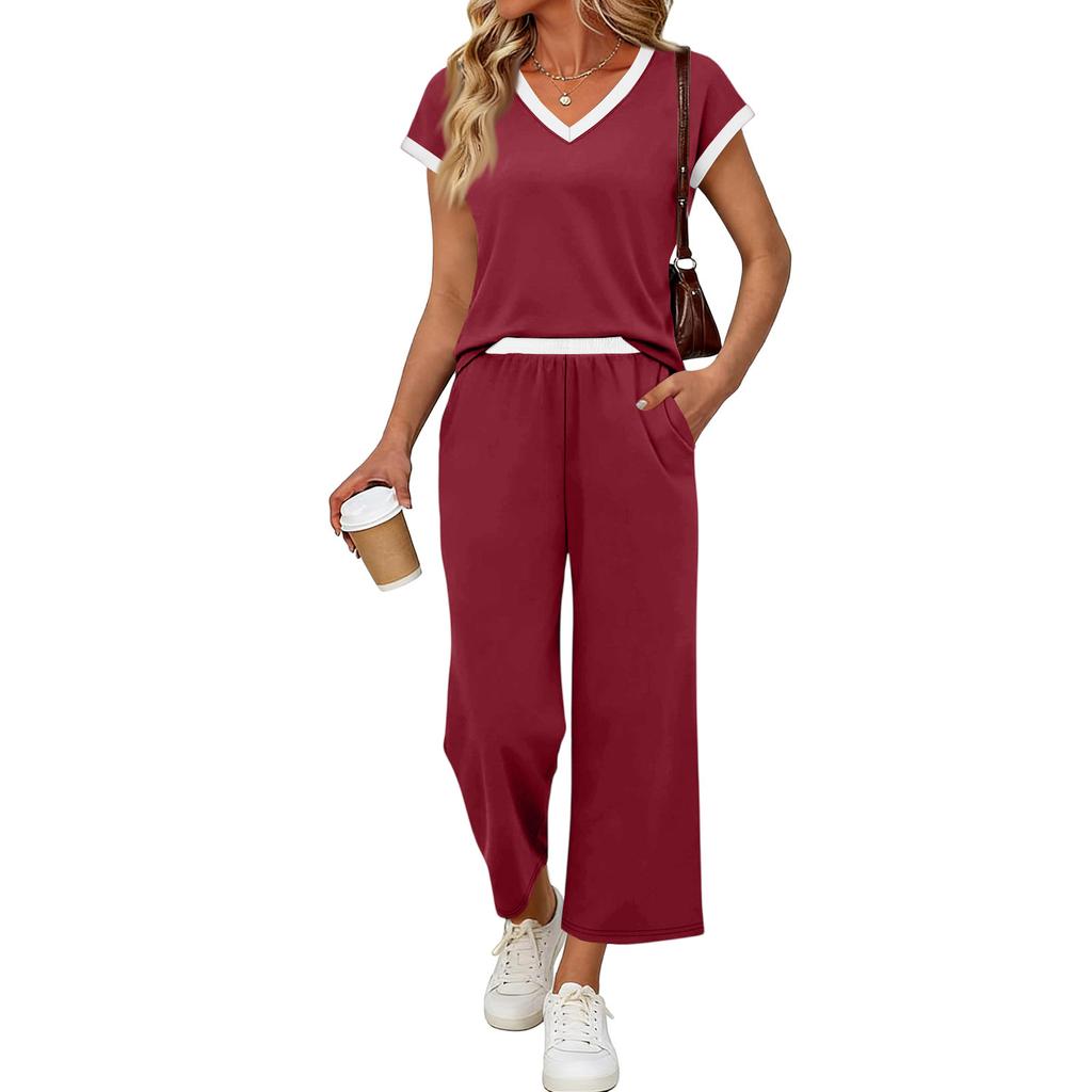 Women Two Piece Set Casual Outfits V Neck Short Sleeve Top Elastic Waist Pants Lounge Wear Set for Travel Relaxed Fit