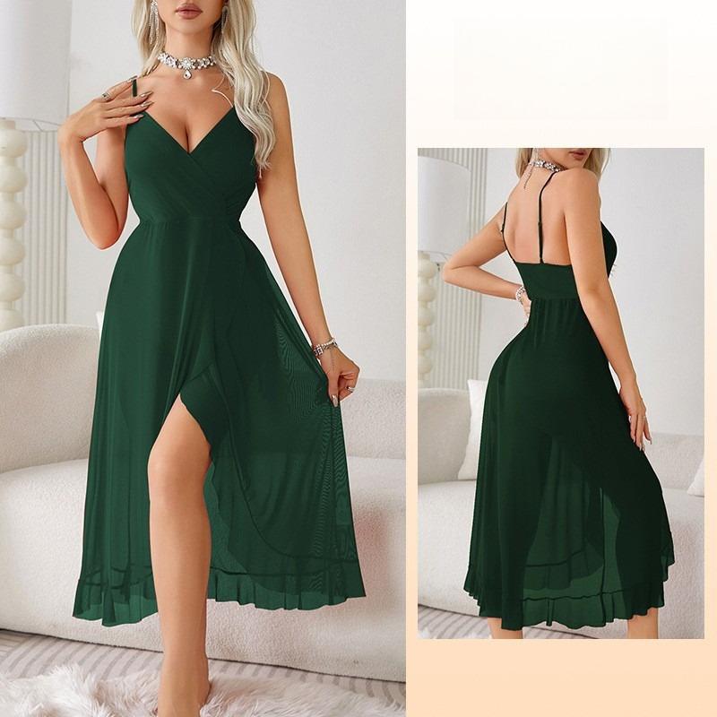 Elegantes V-Ausschnitt Nachthemd mit hohem Schlitz, rückenfrei, ärmellos, sexy Cami, Damen-Loungewear 683, anspruchsvolle, schmeichelhafte Nachtwäsche für selbstbewusste Frauen