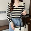 Striped Lapel Knitted Sweater Long Sleeved Autumn Slim Fit Versatile Fashion Color Blocked Outerwear Base Top