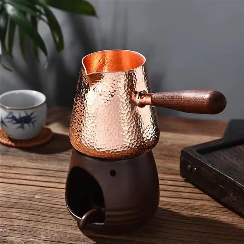 B97A-500Ml Pure Copper Latte Pitcher Milk Jug With Wooden Handle Kettles Hammer Handcraft Drinkware Tableware