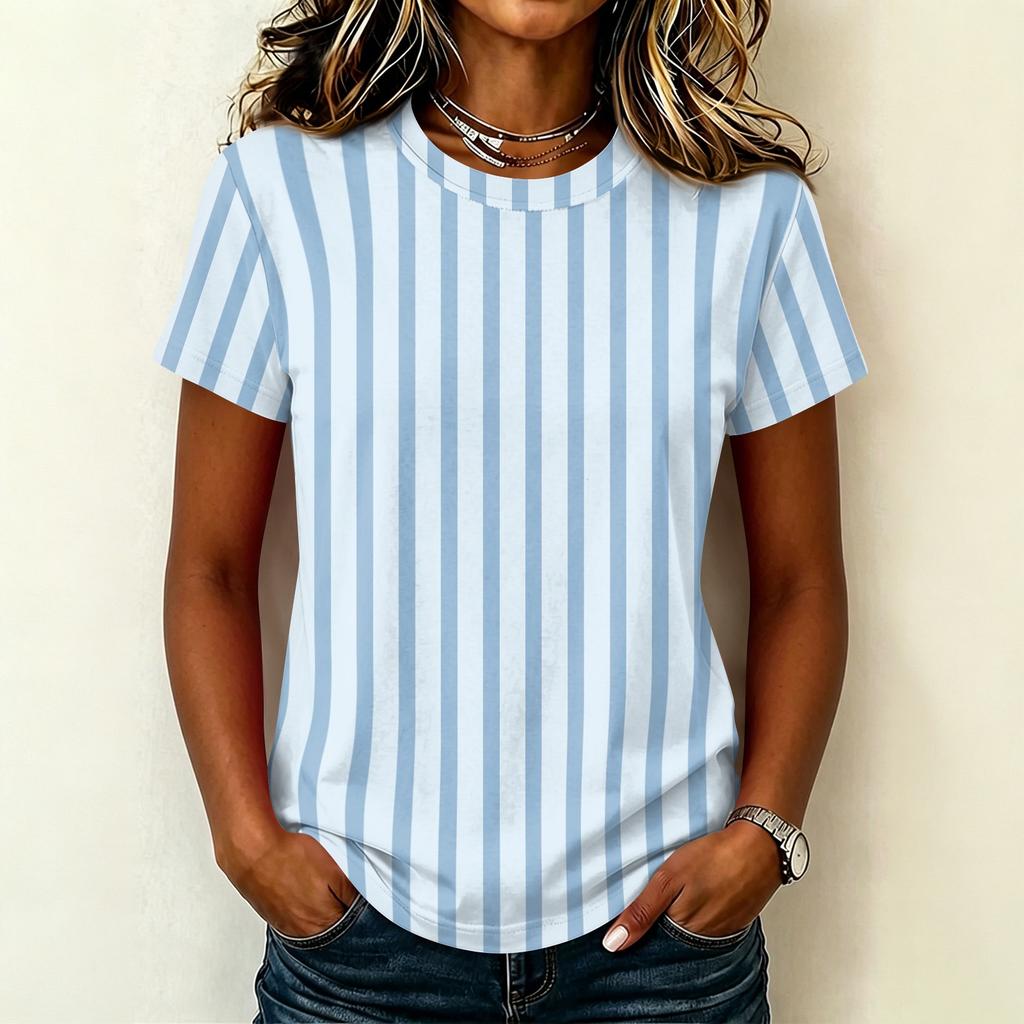 Women's Casual Crew Neck Short Sleeve Pullover T-Shirt Vertical Stripe Print Top Lightweight Soft Fabric Summer Wear