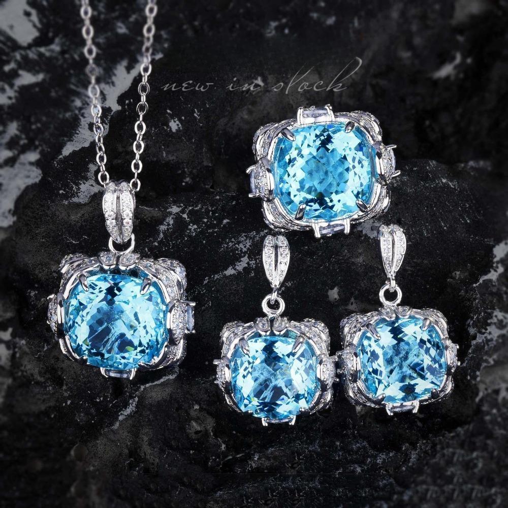 Aquamarine Topaz Pendant Large Carat Earrings Paraiaba Ring Green Diamond Jewelry Set