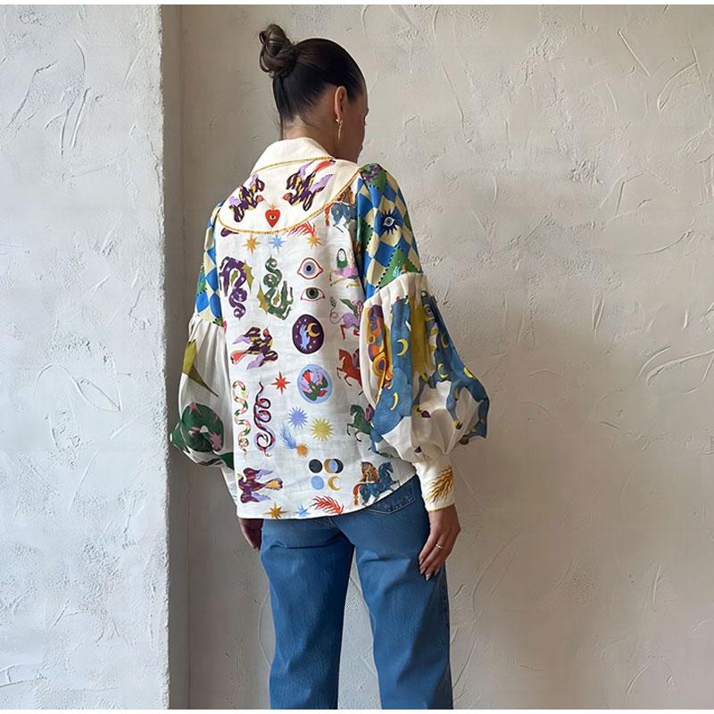 Casual Women's Print Shirt Lantern Sleeve Turn-down Collar Female Shirts 2023 Fashion Cartoon Lady Top Street Print Temperamental Shirt Women