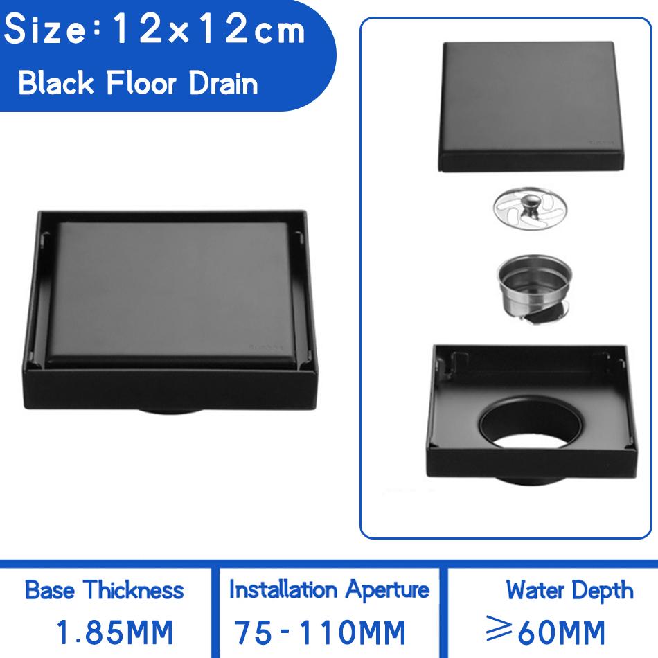 Invisible Floor Drain 304 Stainless Steel Black Brushed Bathroom Shower Drainage Square Waste Filter Floor Drains 10/11/12/15cm