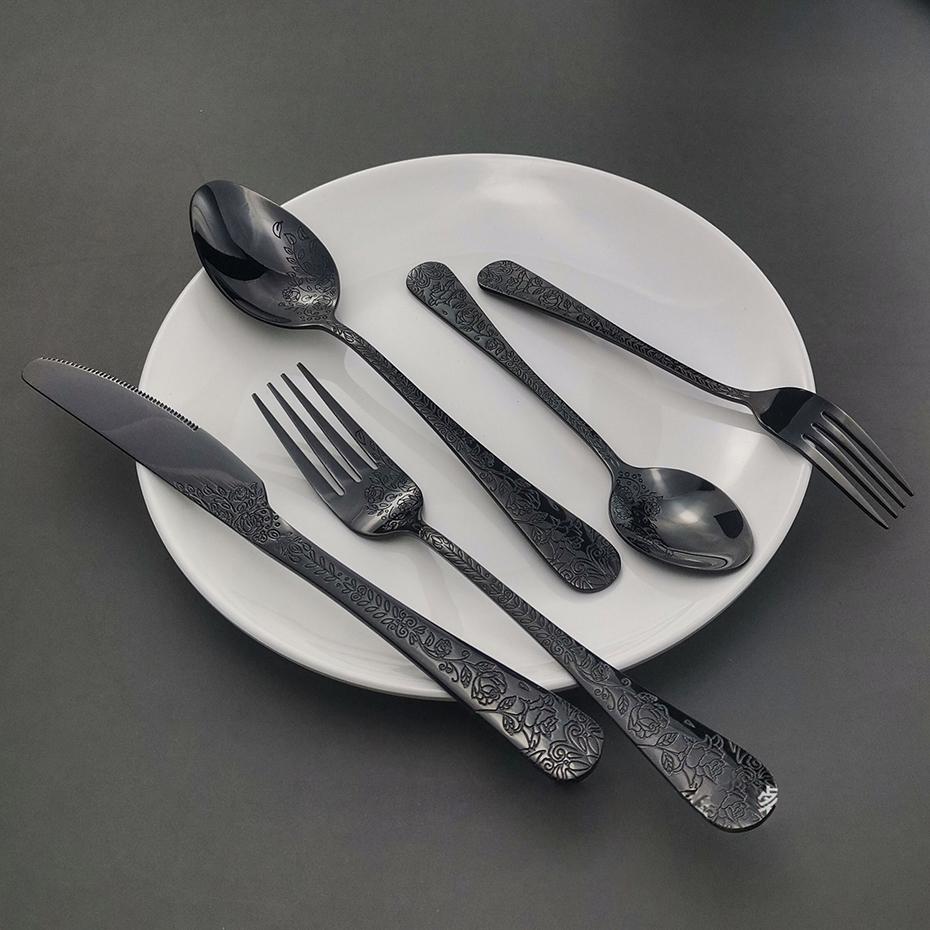 5-delers bestikksett, servise i rustfritt stål, gaffel, kniv, skje, gaveesker, rosegravering i gull, vestlig middagsbestikksett